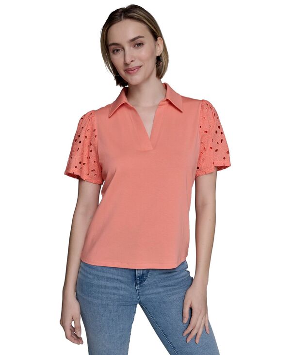 【送料無料】 カール ラガーフェルド レディース シャツ トップス Women's Mixed-Media Eyelet Knit Top Soft White