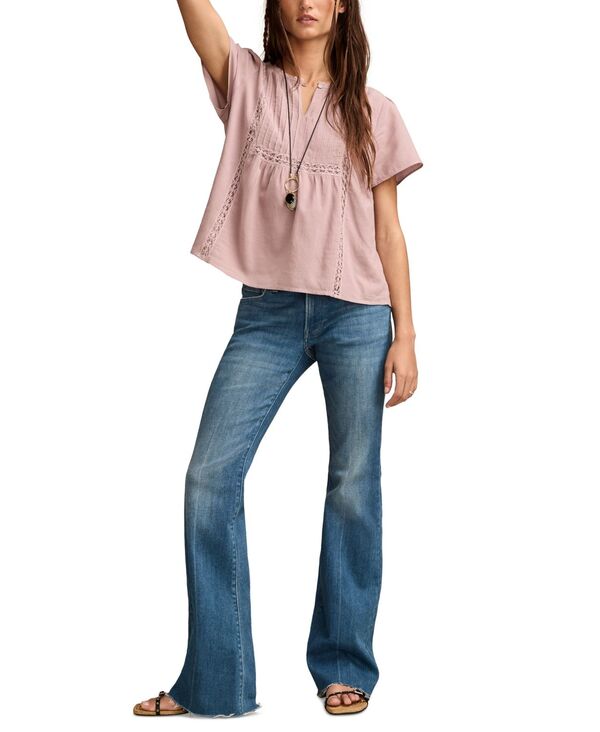 ̵ å֥ ǥ  ȥåץ Women's Cotton Pleated Split-Neck Peasa...