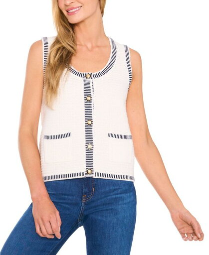 【送料無料】 セセ レディース ニット・セーター アウター Women's Sleeveless Striped-Edge Sweater Vest Antique White 【送料無料】 セセ レディース ニット・セーター アウター Women's Sleeveless Striped-Edge Sweater Vest Antique White