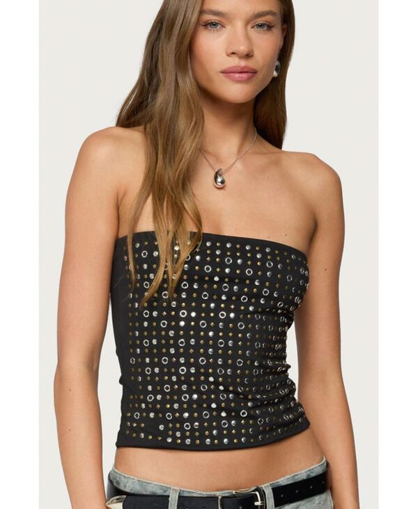 アディクテッド レディース トップス シャツ Edikted Women's Blanco Studded Grommet Tube Top Black ..