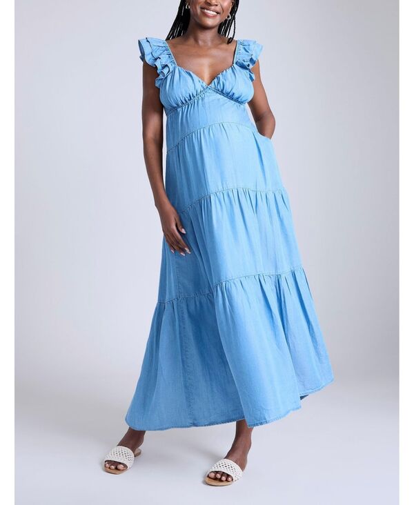 マザーフッドマタニティー レディース トップス ワンピース マキシワンピース フリル マキシ Motherhood Maternity Maternity Motherhood Babydoll Ruffle Sleeve Maxi Dress Chambray
