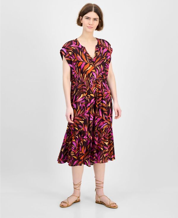 【送料無料】 デモクラシー レディース ワンピース トップス Women's Printed Extended-Shoulder Midi Dress Dew Berry