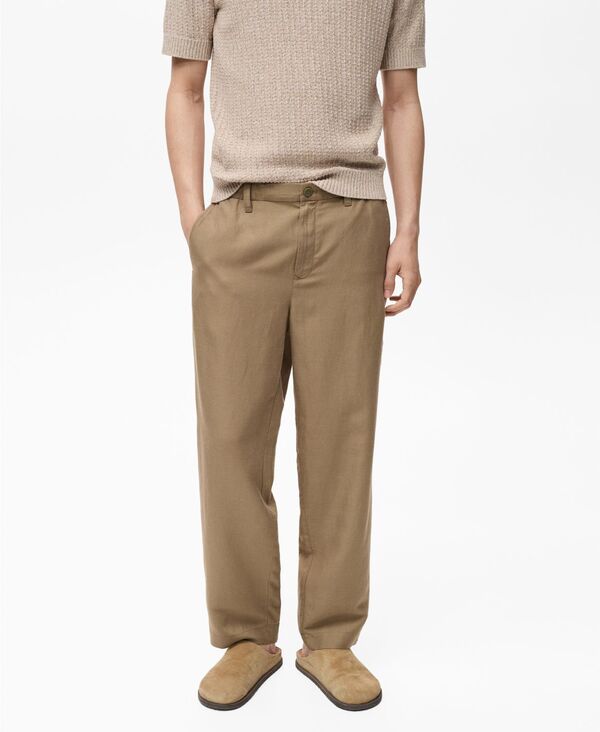 【送料無料】 マンゴ メンズ カジュアルパンツ ボトムス Men's Linen-Blend Elastic Waist Pants Ochre