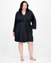 【送料無料】 アイ.エヌ.シー インターナショナル コンセプト レディース ナイトウェア アンダーウェア Plus Size Lace-Trim Satin Wrap Robe Deep Black