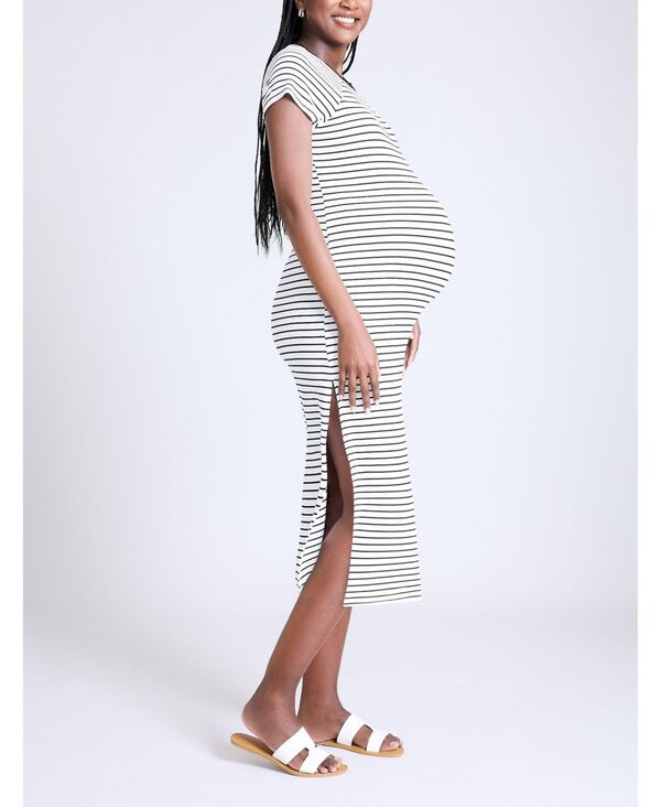 【送料無料】 マザーフッドマタニティー レディース ワンピース トップス Maternity Rib Knit Short Sleeve Raglan Midi Dress - Motherhood White & black stripe