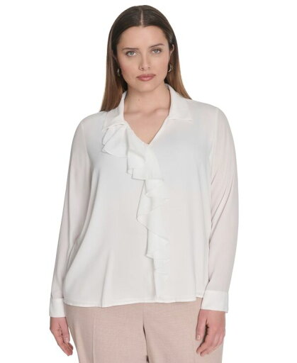 【送料無料】 カルバンクライン レディース シャツ トップス Plus Size Georgette Long-Sleeve Ruffle-Front Blouse Cream 【送料無料】 カルバンクライン レディース シャツ トップス Plus Size Georgette Long-Sleeve Ruffle-Front Blouse Cream