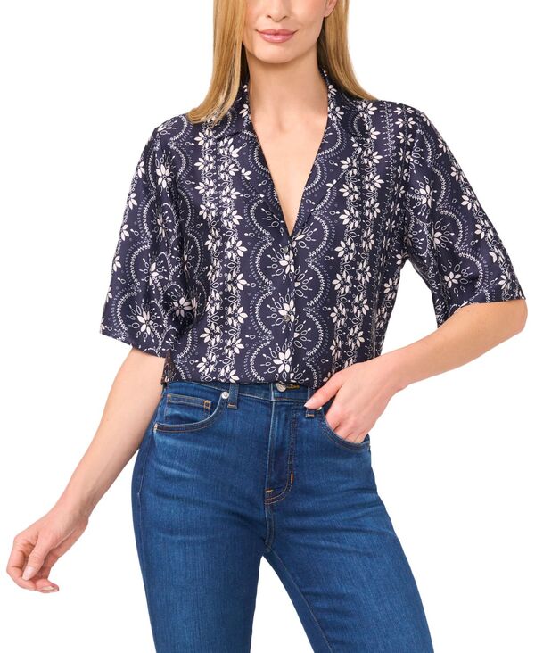 セセ レディース トップス シャツ プリント 半袖 CeCe Women's Printed Short-Sleeve Camp Top Classic Navy ネイビー