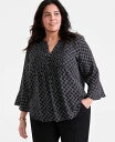 【送料無料】 スタイルアンドコー レディース シャツ トップス Plus Size Printed V-Neck Ruffle-Cuff Blouse Oriental Black(4)