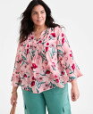 【送料無料】 スタイルアンドコー レディース シャツ トップス Plus Size Printed V-Neck Ruffle-Cuff Blouse Moody Bloom Coral(4)