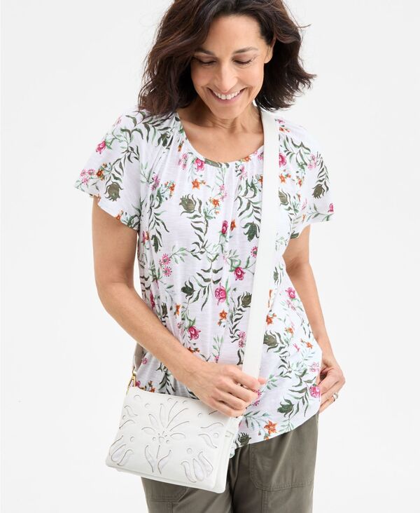 【送料無料】 スタイルアンドコー レディース シャツ トップス Women's Printed Scoop-Neck Flutter-Sleeve Knit Top Floating White