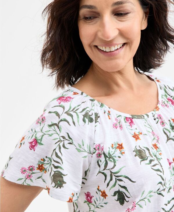 【送料無料】 スタイルアンドコー レディース シャツ トップス Women's Printed Scoop-Neck Flutter-Sleeve Knit Top Floating White