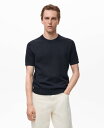 【送料無料】 マンゴ メンズ Tシャツ トップス Men's Striped Openwork Cotton T-Shirt Navy