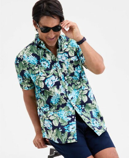 【送料無料】 クラブルーム メンズ シャツ トップス Men's Tapete Regular-Fit Stretch Floral Button-Down Poplin Shirt Navy Blue