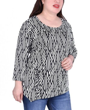 ニューヨークコレクション レディース シャツ トップス Women's Plus Size Elbow Sleeve Pullover with Drawstring Detail Black Ivory Geo