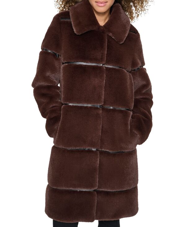 カール ラガーフェルド レディース アウター ジャケット・ブルゾン コート レザー KARL LAGERFELD PARIS Womens Faux-Leather Trim Faux-Fur Coat Chocolate チョコレート