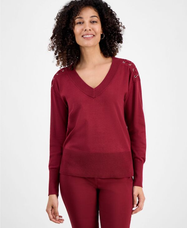 ジェイエムコレクション レディース アウター ニット・セーター Vネック プチ セーター レース JM Collection Petite Lace-Up Shoulder V-Neck Sweater Antique Red レッド