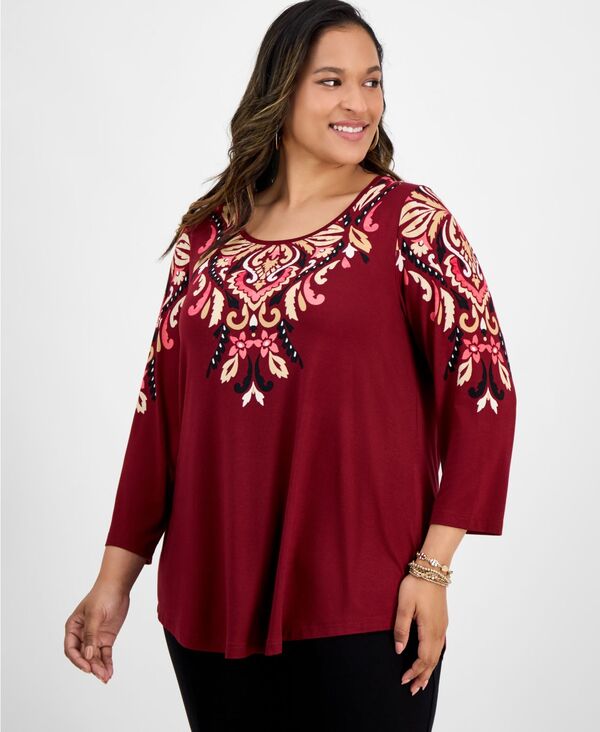 ジェイエムコレクション レディース トップス シャツ プラスサイズ プリント JM Collection Plus Size Printed Scoop-Neck 3/4-Sleeve Top Antique Red Combo レッド