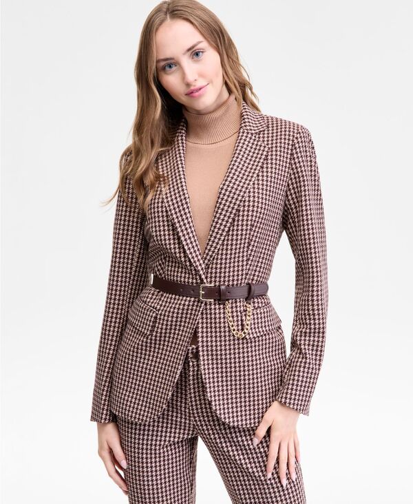 アンクライン レディース アウター ジャケット・ブルゾン プリント ブレザー Anne Klein Women's Belted Houndstooth-Print Blazer Chianti/light Coffee コーヒー(4)
