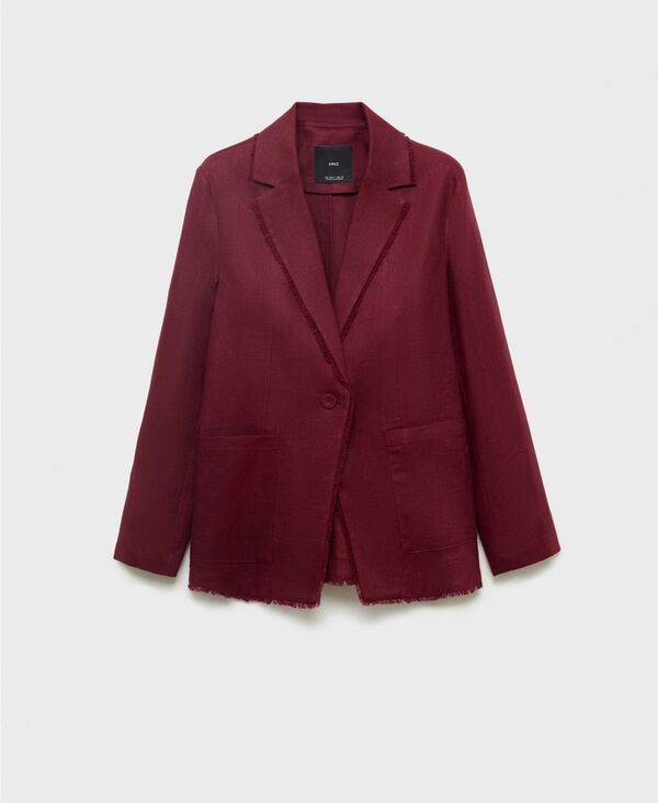 マンゴ レディース アウター ジャケット・ブルゾン ブレザー リネン MANGO Women's Frayed Ends Linen Suit Blazer Wine ワイン(4)