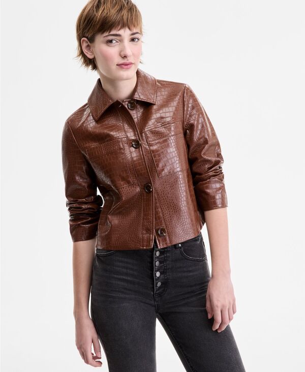 コーヒーショップ レディース アウター ジャケット・ブルゾン レザー ジャケット CoffeeShop Juniors' Croc-Embossed Faux-Leather Barn Jacket Chocolate チョコレート