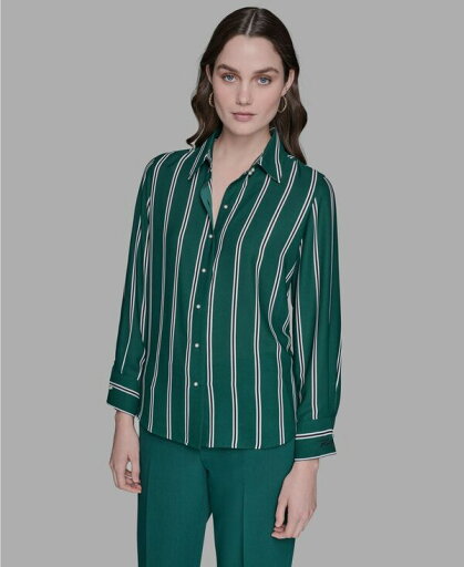 【送料無料】 カール ラガーフェルド レディース シャツ トップス Women's Striped Faux-Pearl Shirt Rainforest/soft White Multi 【送料無料】 カール ラガーフェルド レディース シャツ トップス Women's Striped Faux-Pearl Shirt Rainforest/soft White Multi