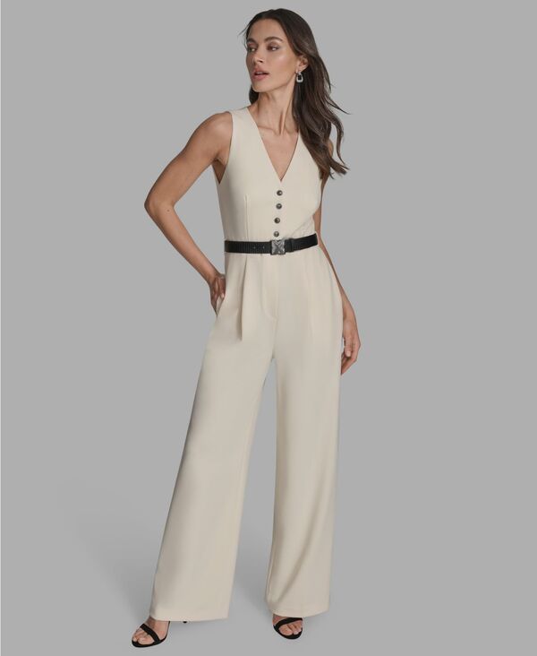 ビーシビージー レディース トップス ジャンプスーツ Vネック ノースリーブ BCBG Women's Belted V-Neck Sleeveless Jumpsuit Ecru エクリュ