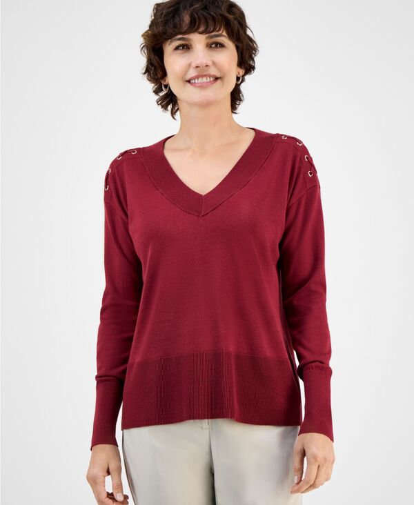 ジェイエムコレクション レディース アウター ニット・セーター Vネック セーター レース JM Collection Women's Lace-Up Shoulder V-Neck Sweater Antique Red レッド