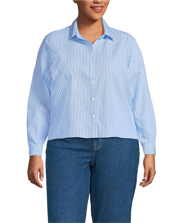 ReVida ŷԾŹ㤨֥󥺥 ǥ ȥåץ  ץ饹 åץ Lands' End Women's Plus Size No Iron Boxy Cropped Shirt Clear blue sky thin stripe ֥롼פβǤʤ17,980ߤˤʤޤ