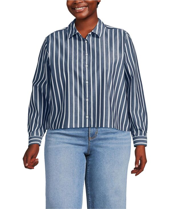 ReVida ŷԾŹ㤨֥󥺥 ǥ ȥåץ  ץ饹 åץ Lands' End Women's Plus Size No Iron Boxy Cropped Shirt Navy/white dual stripe ۥ磻ȡפβǤʤ17,980ߤˤʤޤ