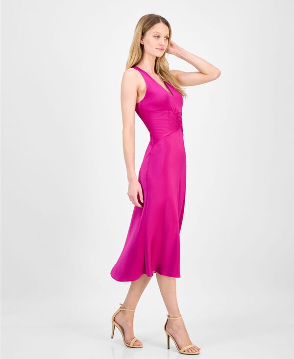 【送料無料】 ボス オレンジ レディース ワンピース トップス Women's V-Neck Sleeveless Satin Midi Dress Dark Pink