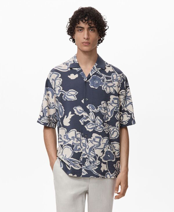 マンゴ メンズ トップス シャツ フラワー柄 フラワー MANGO Men's Wrinkled-Effect Floral Shirt Navy ..
