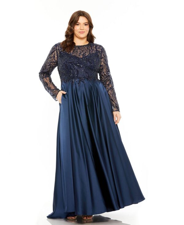 マックダガル レディース トップス ワンピース シアー サテン Mac Duggal Women's Sheer Long Sleeve Beaded Top Satin Gown Midnight(4)