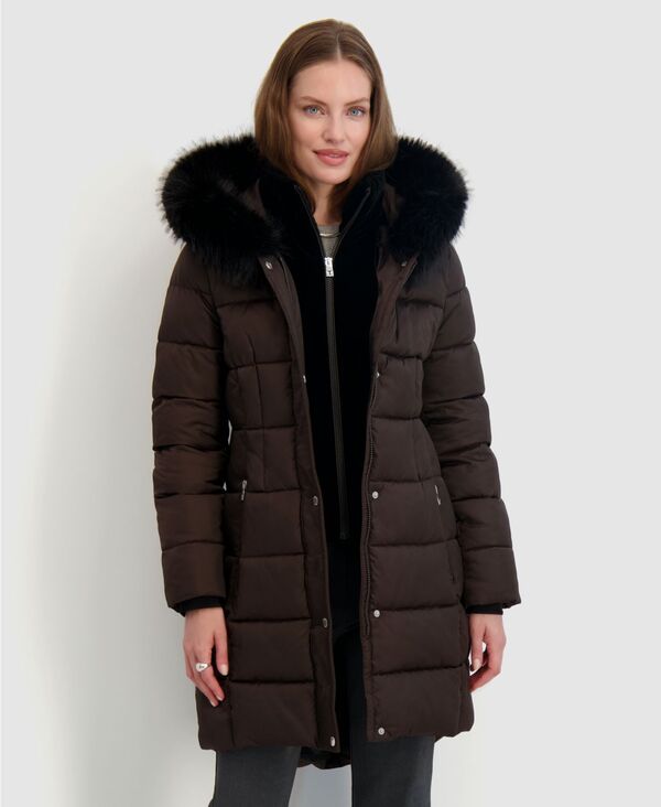 タハリ レディース アウター ジャケット・ブルゾン ベルベット コート Tahari Womens Velvet Bibbed Faux-Fur Hooded Puffer Coat Chocolate チョコレート
