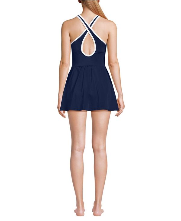 【送料無料】 ランズエンド レディース ワンピース トップス Women's Long Tugless High Neck Swim Dress Swimsuit Deep sea navy/white