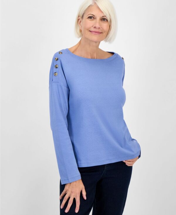 スタイルアンドコー レディース トップス シャツ プチ コットン 長袖 Style & Co Petite Cotton Long-Sleeve Scoop-Neck Top Blue Anchor ブルー(4)