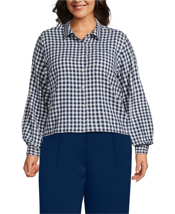 ReVida ŷԾŹ㤨֥󥺥 ǥ ȥåץ  ץ饹 åץ Lands' End Women's Plus Size Cropped Flannel Shirt Deep sea/ivory mini check ܥ꡼פβǤʤ14,480ߤˤʤޤ