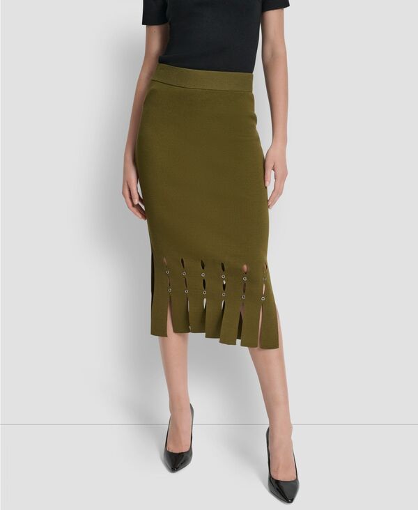 ダナ キャラン ニューヨーク レディース ボトムス スカート ミディ セーター DKNY Women's Grommet Detail Sweater Pencil Midi Skirt Dark Olive オリーブ