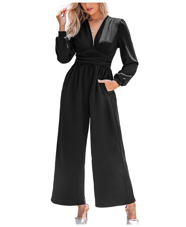 カップシー レディース トップス ジャンプスーツ ワイドレッグ Cupshe Women's Plunging Long Sleeve Wide Leg Jumpsuit Black ブラック