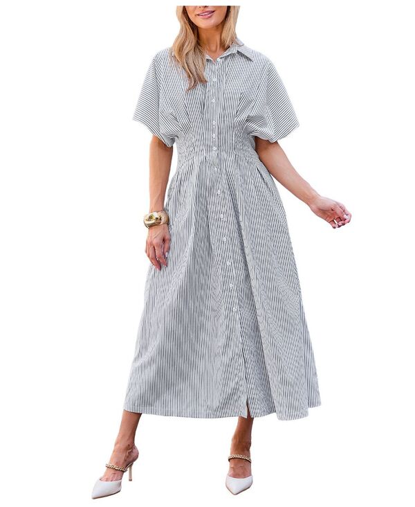 カップシー レディース トップス ワンピース ボタンダウン シャツ ダウン Cupshe Women's Striped Button Down Shirt Beach Dress Grey グレー