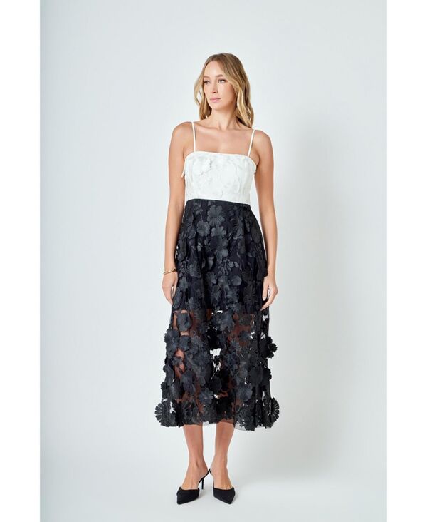 エンドレスローズ レディース トップス ワンピース ミディワンピース フラワー柄 ミディ カラーブロック フラワー endless rose Women's Floral Colorblock Applique Midi Dress White/black ホワイト