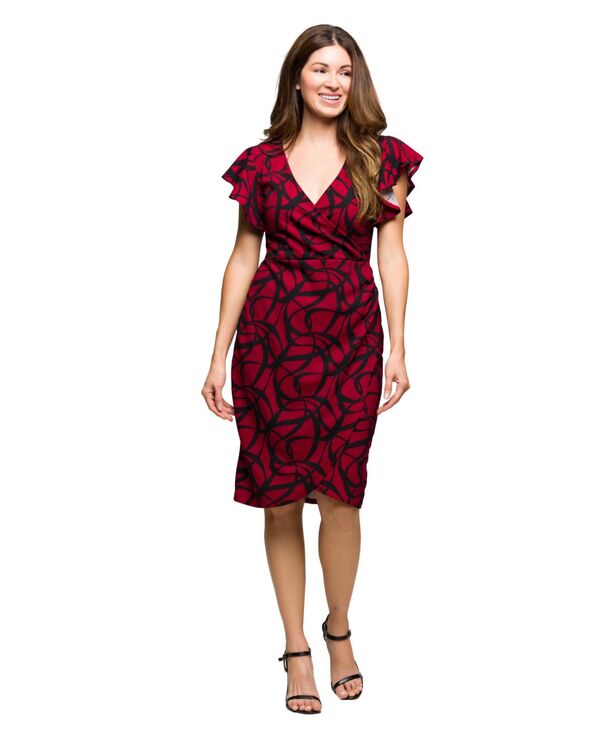 24 セブンコンフォート レディース トップス ワンピース ラップワンピース プリント 24seven Comfort Apparel Women's Burgundy Print Flutter Sleeve Faux Wrap Dress Red Multi レッド