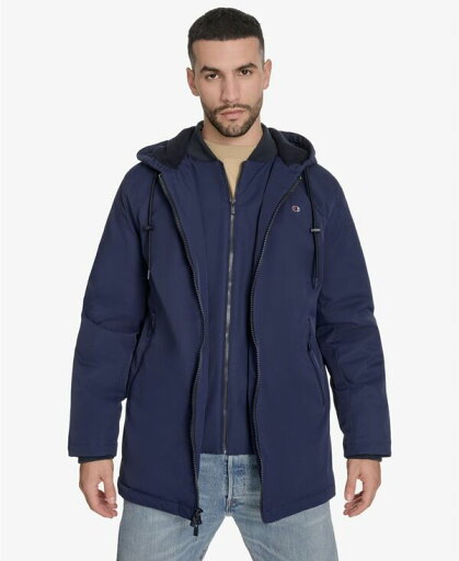 【送料無料】 チャンピオン メンズ ジャケット・ブルゾン アウター Men's 3/4 Lenth Hooded Jacket with Bib Peacoat Navy