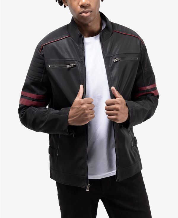 エックスレイ メンズ アウター ジャケット・ブルゾン フリース Black/burgundy XRAY Men's PU Jacket With Faux Shearling Lining And Moto Stitch On Sleeves An...