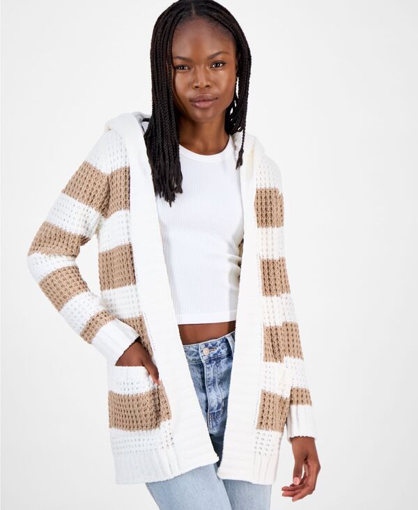 楽天ReVida 楽天市場店マッデンガール レディース アウター ニット・セーター カーディガン Madden Girl Juniors' Sherpa-Lined Striped Open Cardigan Egg Nog/ Oat Milk ストライプ