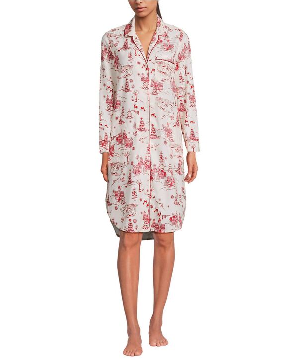 ランズエンド レディース アンダーウェア ナイトウェア シャツ Lands' End Women's Flannel Long Sleeve Sleepshirt Nightgown Ivory/red winter village アイボリー