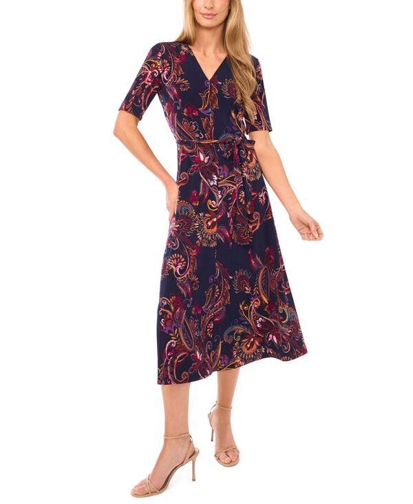 ミスク レディース トップス ワンピース Vネック ミディワンピース ミディ MSK Women's V-Neck Tie Wai..