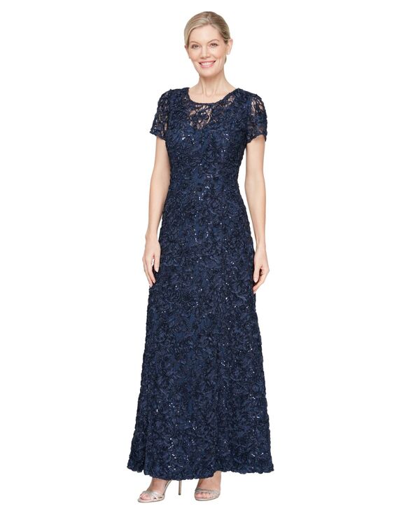 アレックスイブニングス レディース トップス ワンピース A ライン プチ スパンコール Alex Evenings Petite Soutache Sequin A-Line Dress Navy ネイビー