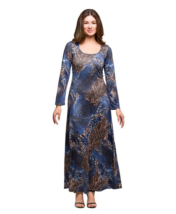 24 セブンコンフォート レディース トップス ワンピース アニマル柄 マキシワンピース プリント マキシ 24seven Comfort Apparel Women's Blue Animal Print Long Sleeve Scoop Neck Maxi Dress Blue Multi ブルー