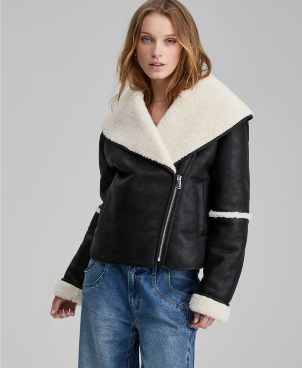 アンドノウディス レディース アウター ジャケット・ブルゾン And Now This Women's Faux-Shearling Oversized Collar Moto Jacket Black ブラック