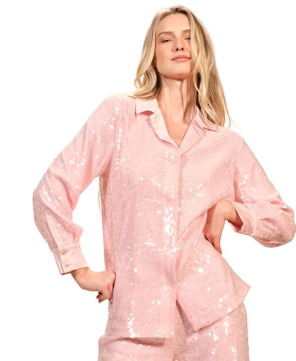 【送料無料】 イザックミズラヒ レディース シャツ トップス Women's Sequin Button Down Long Sleeves..